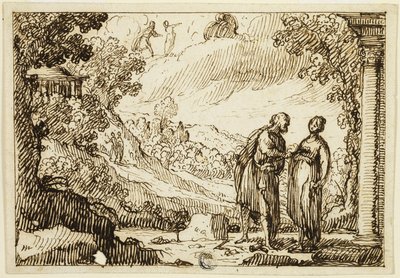 Escena mitológica no identificada con hombre y mujer conversando en un paisaje clásico de François Roëttiers