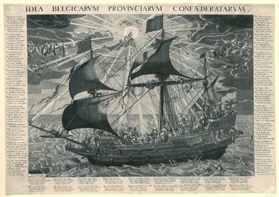 El barco del estado, 1620 Alegoría del estado feliz del país después del sínodo de Dordrecht Idea Belgicarum Provinciarum Confaederatarum (título sobre objeto) de François Schillemans