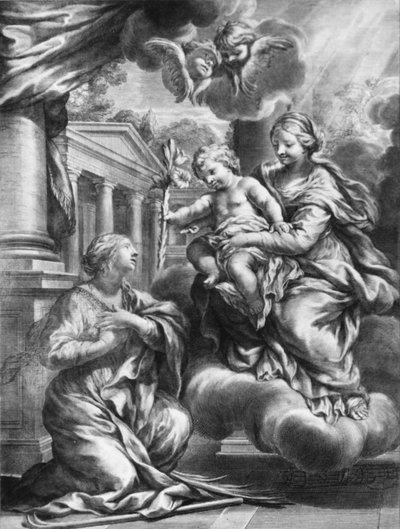 Santa Martina arrodillada ante la Virgen y el Niño, mientras el Niño le ofrece un lirio..., ca. 1664-79 de François Spierre