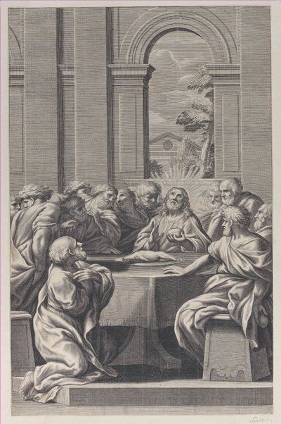 La última cena, el interior de un edificio clásico con Cristo y sus apóstoles sentados, 1660-81 de François Spierre