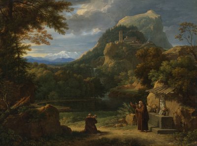 San Antonio de Padua presentando a dos novicios a los frailes en un paisaje montañoso de Francois Xavier Fabre