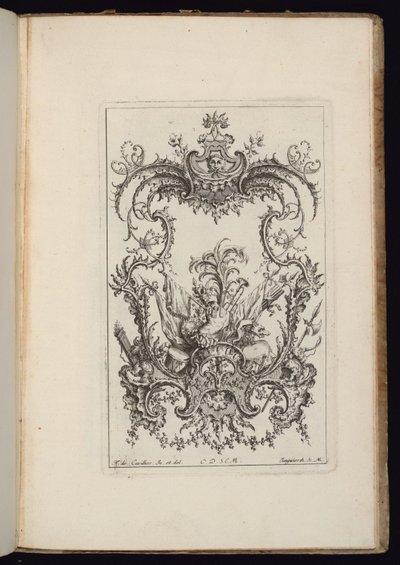 Cartucho con trofeo heráldico, Libro de ornamentos de François de Cuvilliés the Elder