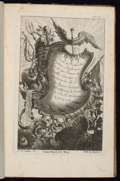 Cartucho con el bastón de Mercurio, Livre de Cartouches Irréguliers (Libro de Cartuchos Irregulares) de François de Cuvilliés the Elder
