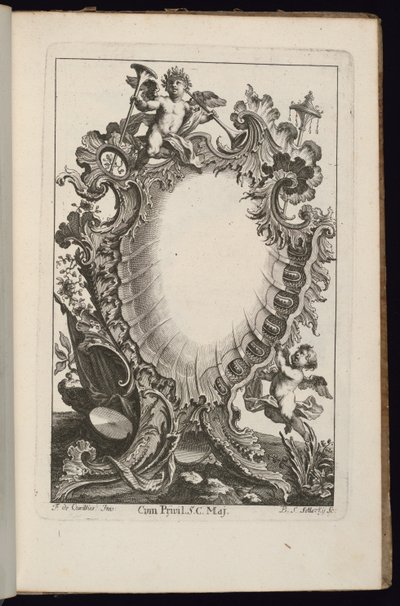 Cartucho con Putto Sosteniendo Trompetas, Libro de Cartuchos Irregulares de François de Cuvilliés the Elder
