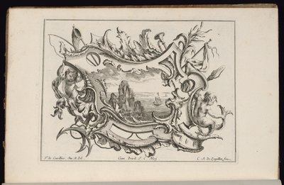 Cartucho con tritones jóvenes, Livre de Cartouches Irréguliers (Libro de cartuchos irregulares) de François de Cuvilliés the Elder