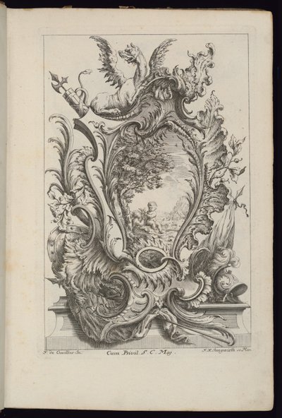 Cartucho con un dragón y trofeo heráldico, Livre de Cartouches à divers usages (Libro de cartuchos para diferentes usos) de François de Cuvilliés the Elder