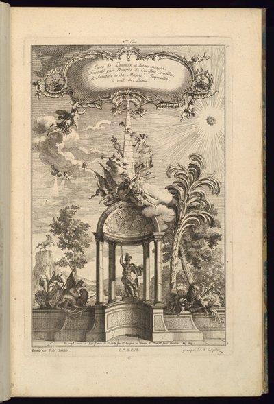 Diseño para paneles con Tempietto con Minerva, coronado por un obelisco y Victoria de François de Cuvilliés the Elder