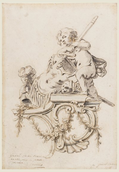 Diseño para un soporte esculpido con Putto acompañado de los atributos de la guerra, para el Gran Trianón, Versalles de François de Cuvilliés the younger