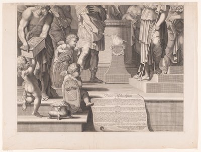 Marte pone su espada en llamas frente a un templo (parte inferior) de François de Poilly (I)