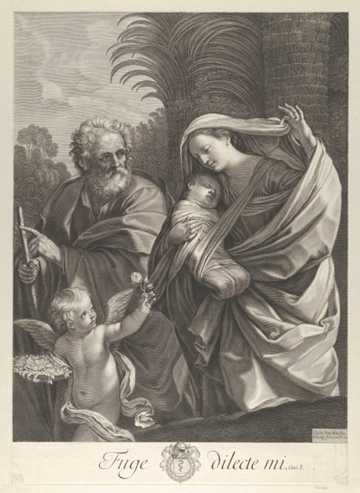 La huida a Egipto, la Sagrada Familia caminando junta, San José señalando, ca. 1648-81 de François de Poilly