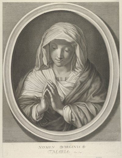 La Virgen en oración mirando hacia abajo, en un marco ovalado, después de Reni de François de Poilly