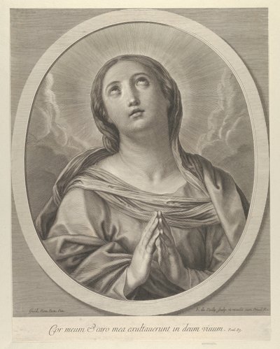 La Virgen en oración, mirando hacia arriba con nubes detrás de ella, en un marco ovalado, después de Reni de François de Poilly