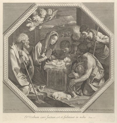 La adoración de los pastores que se arrodillan juntos a la derecha ante el niño Cristo..., ca. 1655-93 de François de Poilly