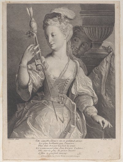 Joven mujer hilando hilo para una flecha de François de Poilly
