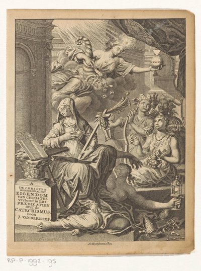 Alegoría con personificaciones femeninas de, entre otras cosas, la verdad y posiblemente virtudes y vicios El cristiano propiedad total de Cristo, en LIII muestra predicaciones sobre el catecismo (título sobre objeto) Página de título para: Johannes van de François van Bleyswijck