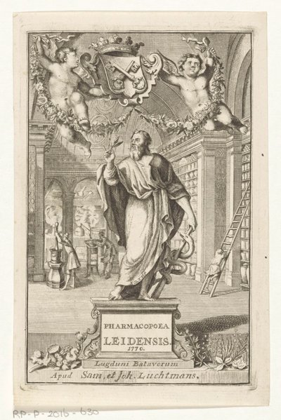 Asclepio Titelpagina voor: S.n., Pharmacopoeia Leiden, establecida por la autoridad de los magistrados más importantes, 1770 de François van Bleyswijck