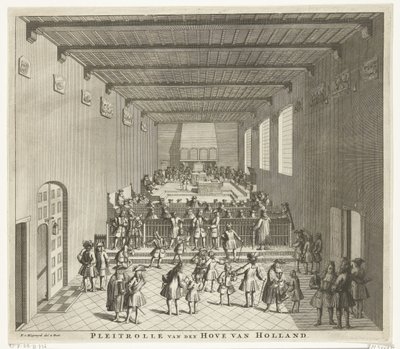 Corte de Holanda en sesión, hacia 1700 Pleitrolle van den Hove de Holanda (título sobre objeto) de François van Bleyswijck