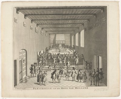 Corte de Holanda en sesión, hacia 1700 Pleitrolle van den Hove de Holanda (título sobre objeto) de François van Bleyswijck