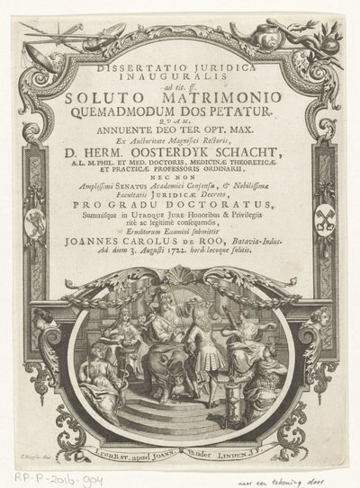 Minerva lauwert schrijver Titelpagina voor: Johannes Carolus de Roo, Dissertatio juridica inauguralis, ad tit. sig. después de un matrimonio disuelto, cómo se pide la dote, 1722 de François van Bleyswijck