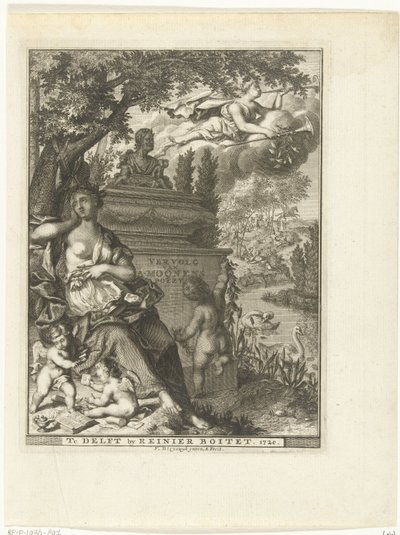 Muse y putti se sientan en la tumba del poeta Arnold Moonen Página de título para: Arnold Moonen, Continued der poëzye, Delft 1720 Continuación de A. Moonens Poezy (título sobre objeto) de François van Bleyswijck