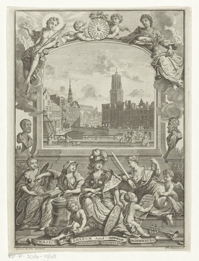 Cityscape con Dom Church en Utrecht y alegoría con Minerva y virtudes de François van Bleyswijck