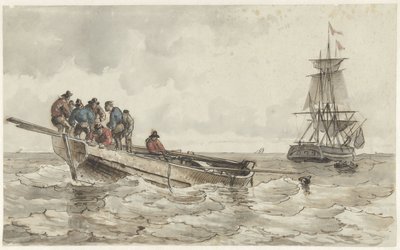 Ocho hombres en un bote de remos cerca de un barco de vela de Frans Arnold Breuhaus de Groot