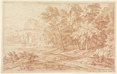Paisaje con río y puente con torre redonda de Frans Boudewijns