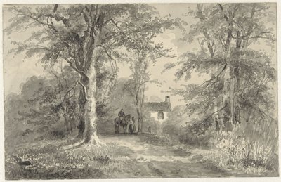 Avenida entre árboles con jinete y mujer de Frans Breuhaus de Groot