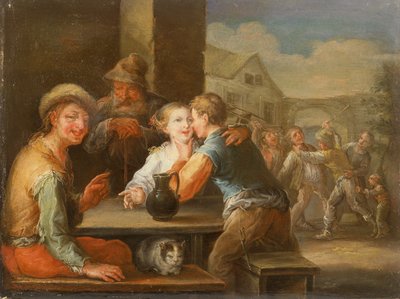 Un mendigo riéndose de una pareja que corteja (óleo) de Frans Christoph Janneck