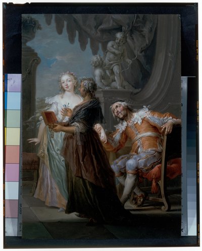 Una pareja elegante con una solterona en un interior de Frans Christoph Janneck
