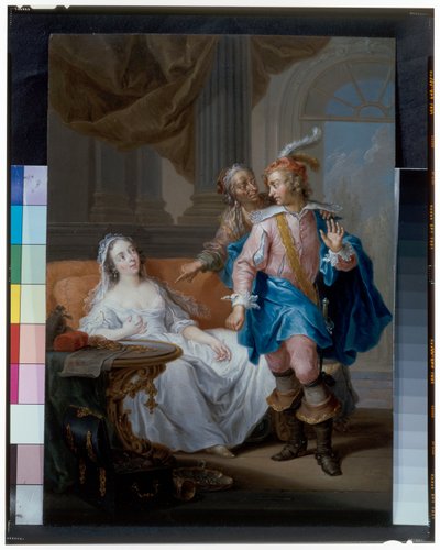 Una pareja elegante con una solterona en un interior de Frans Christoph Janneck