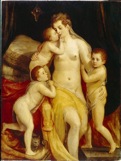 Alegoría de la Caridad. Tres niños con expresiones compasivas se acercan tiernamente a su madre de rostro triste para consolarla. Pintura de Frans Floris la Ingle (1519-1570), óleo sobre madera. arte holandés de Frans Floris