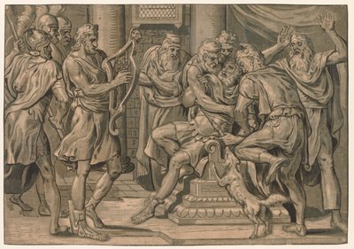 David tocando el arpa ante Saúl, 1555 de Frans Floris
