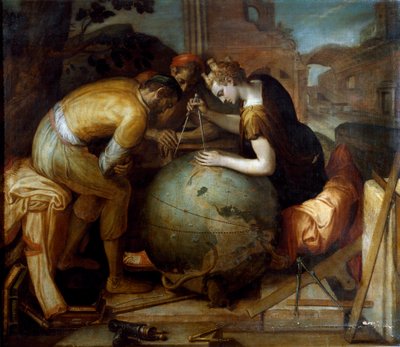 Geometría. Alegoría y personificación de la Geometría sosteniendo un compás sobre un globo. Diferentes instrumentos geométricos están dispuestos en primer plano. de Frans Floris