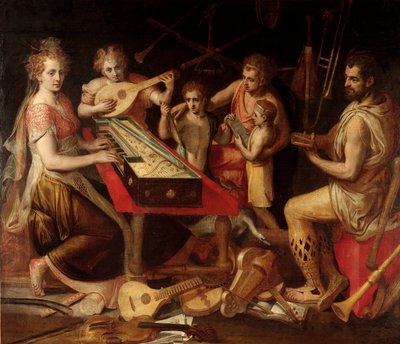 Personajes musicales vetus con el antiguo entorno de instrumentos musicales formando una alegoría. de Frans Floris