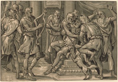 David tocando el arpa ante Saúl de Frans Floris I