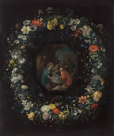 Guirnalda de flores con adoración de los pastores de Frans Francken the Younger and Master HDB