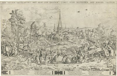 La batalla entre el carnaval y el ayuno Den fat Vastelavon con todos los invitados syn compt hier bestriden die meager Vasten (título sobre el objeto) de Frans Hogenberg