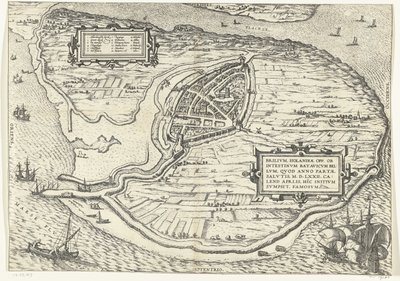 Kaart van het eiland Voorne en plattegrond van Brielle, 1572 Brillium, Holanda opp. a causa de la guerra holandesa interna, que en el año de la victoria de la Salvación 72 d.C. en el calor de abril, comenzó aquí, famoso (título sobre objeto) de Frans Hogenberg