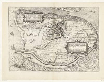 Kaart van het eiland Voorne en plattegrond van Brielle, 1572 Brillium, Holanda opp. a causa de la guerra holandesa interna, que en el año de la victoria de la Salvación 72 d.C. en el calor de abril, comenzó aquí, famoso (título sobre objeto) de Frans Hogenberg
