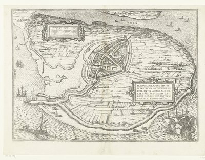 Kaart van het eiland Voorne en plattegrond van Brielle, 1572 Brillium, Holanda opp. a causa de la guerra holandesa interna, que en el año de la victoria de la Salvación 72 d.C. en el calor de abril, comenzó aquí, famoso (título sobre objeto) de Frans Hogenberg