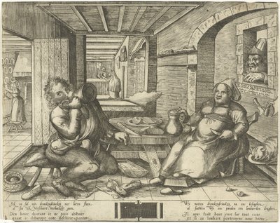 Zapatero y su esposa bebiendo cerveza en una habitación de Frans Hogenberg