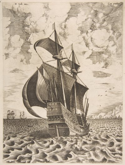 Cuatro mástiles armados navegando hacia un puerto de Frans Huys