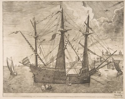 Barco armado de tres mástiles anclado cerca de una ciudad de Los barcos de vela de Frans Huys