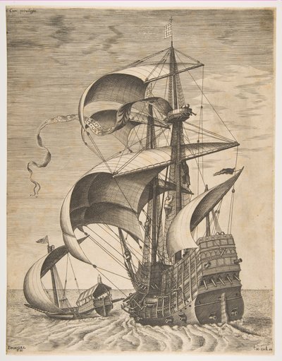 Tres Mástiles Armados en el Mar Abierto Acompañados por una Galera, de la serie Barcos de Vela de Frans Huys