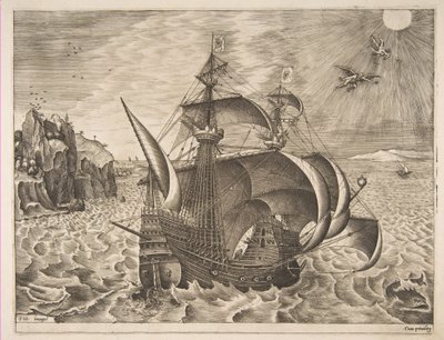 Tres mástiles armados con Dédalo e Ícaro en el cielo de Los barcos de vela de Frans Huys