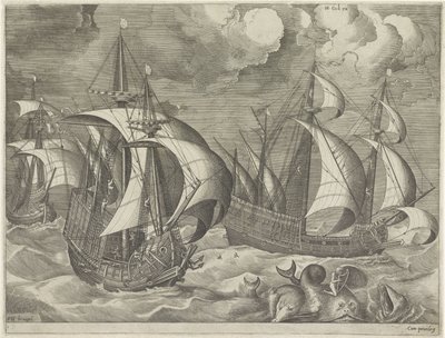 Tres buques de guerra, en primer plano Arion sobre un delfín Veleros (título de la serie) de Frans Huys