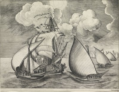 Una flota de galeras armadas acompañadas por un buque de guerra. Veleros (título de la serie) de Frans Huys