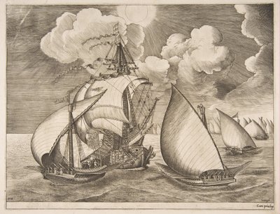 Flota de galeras escoltada por una carabela de The Sailing Vessels, 1561-65 de Frans Huys