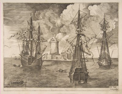 Cuatro mástiles a la izquierda y dos tres mástiles anclados cerca de una isla fortificada con un faro, 1561-65 de Frans Huys